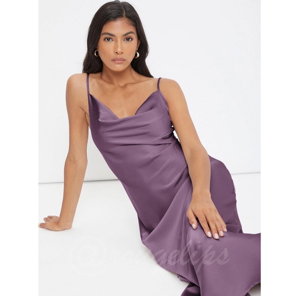 Purple Satin Cami Dress Midi Adjustable Spaghetti Straps - Picture 4 of 7